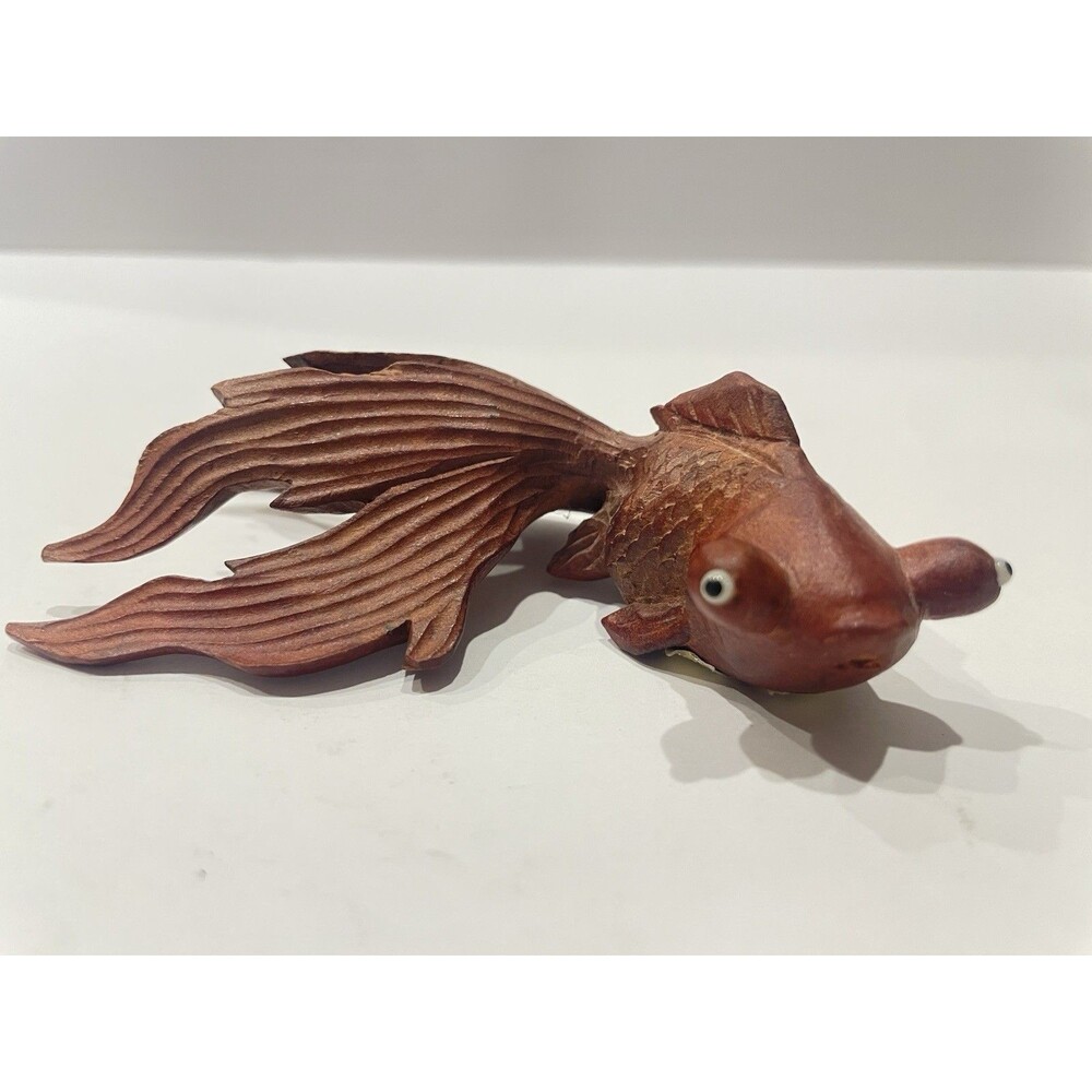 Vintage Rosewood Asian Carved Koi Fish  Glass Eyes Goldfish 4.25 Inches Long